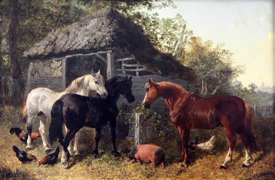 Attributed to John Frederick Herring (1815-1907) Farmyard scene with horses, chickens and pig 12 x 18in.